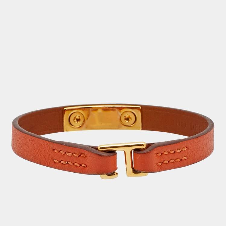 Pre Owned Hermes Rivale Leather Gold Plated Bracelet 