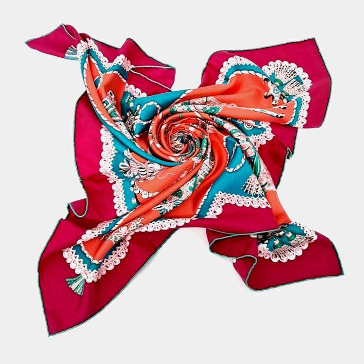Pre Owned Hermes Red Multicolor Silk Scarf