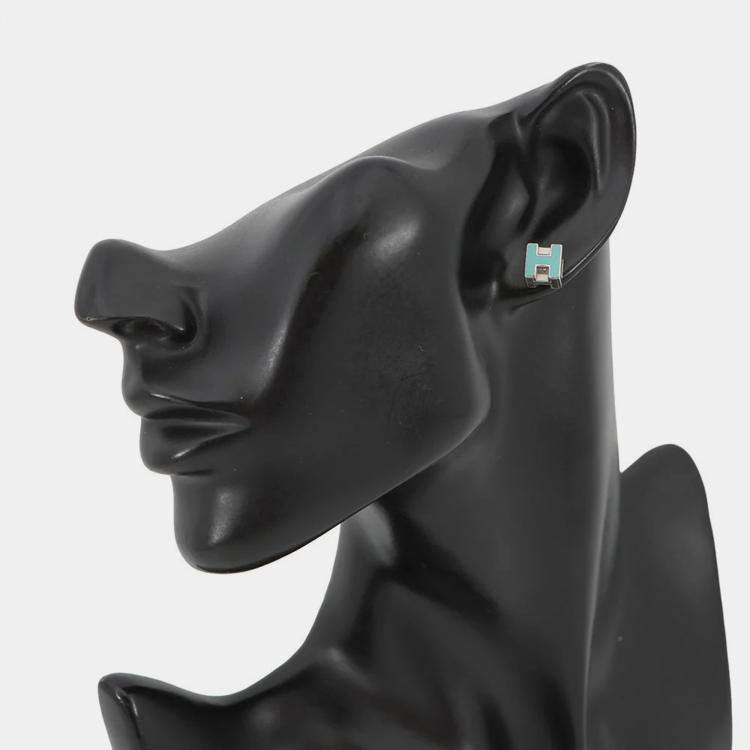 Pre Owned Hermes Cage Do Ash H Cube Earrings Light Blue Metal