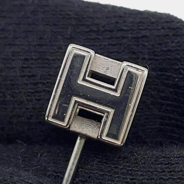 Pre Owned Hermes Cage Do Ash H Cube Earrings Light Blue Metal