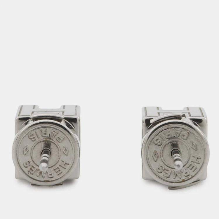 Pre Owned Hermes Cage Do Ash H Cube Earrings Light Blue Metal