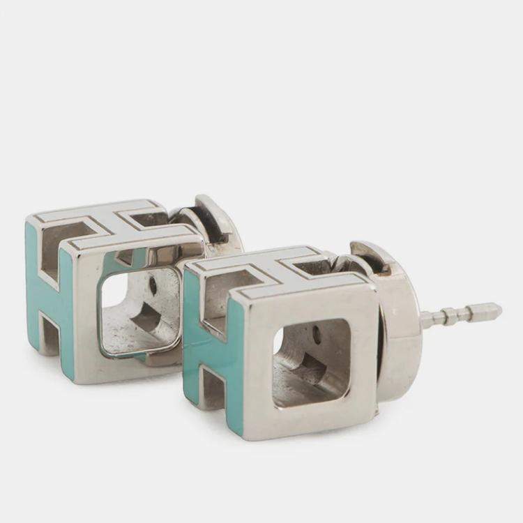 Pre Owned Hermes Cage Do Ash H Cube Earrings Light Blue Metal