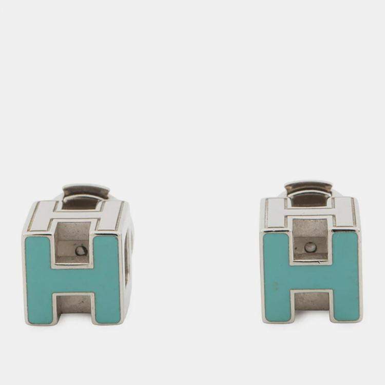 Pre Owned Hermes Cage Do Ash H Cube Earrings Light Blue Metal