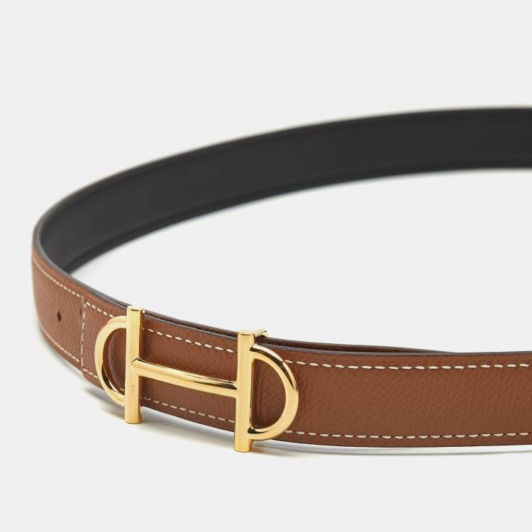 Pre Owned Hermes Gamma 85 CM Buckle Belt Gold/Noir Epsom and Swift Leather