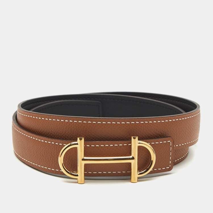 Pre Owned Hermes Gamma 85 CM Buckle Belt Gold/Noir Epsom and Swift Leather