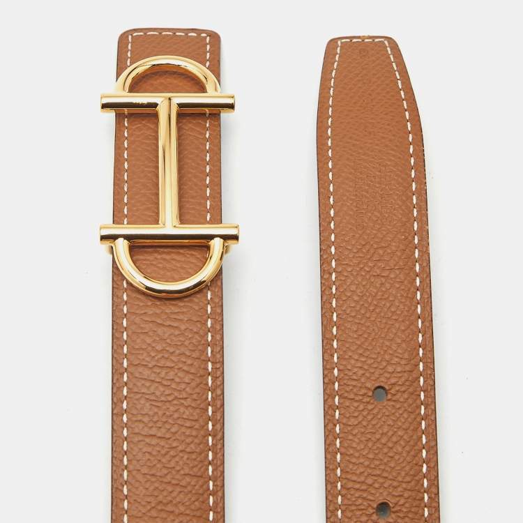 Pre Owned Hermes Gamma 85 CM Buckle Belt Gold/Noir Epsom and Swift Leather