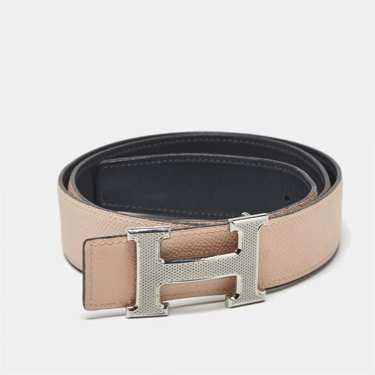 Pre Owned Hermes H Guilloche Buckle Belt 90CM Rose Sakura/Blue Nuit Epsom and Swift Leather