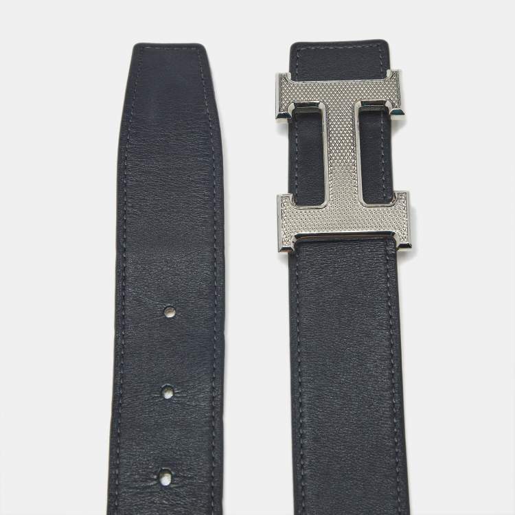 Pre Owned Hermes H Guilloche Buckle Belt 90CM Rose Sakura/Blue Nuit Epsom and Swift Leather