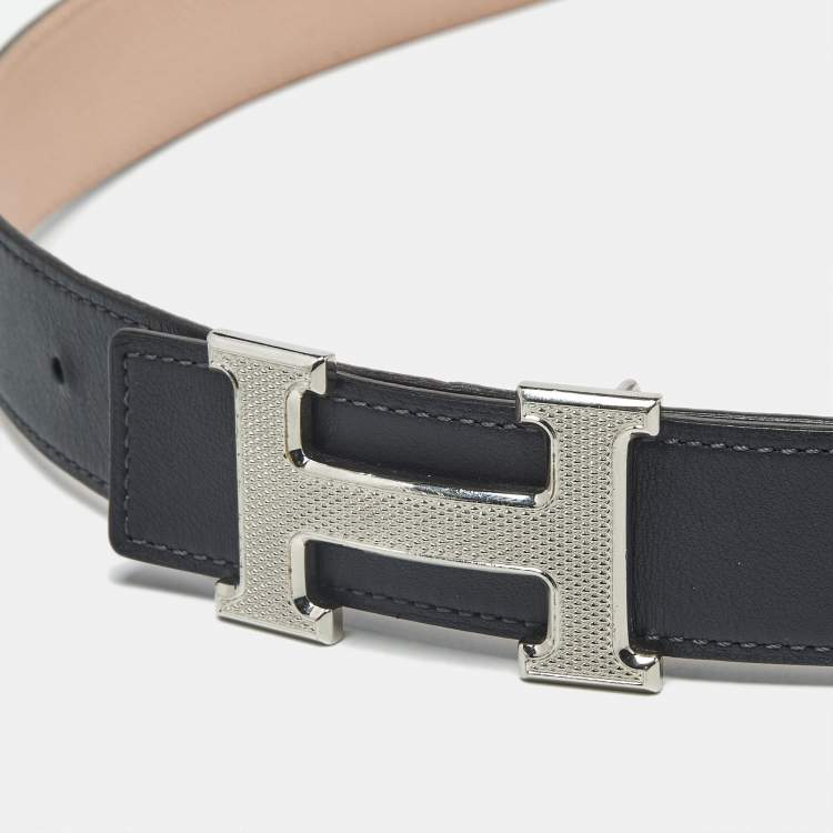 Pre Owned Hermes H Guilloche Buckle Belt 90CM Rose Sakura/Blue Nuit Epsom and Swift Leather