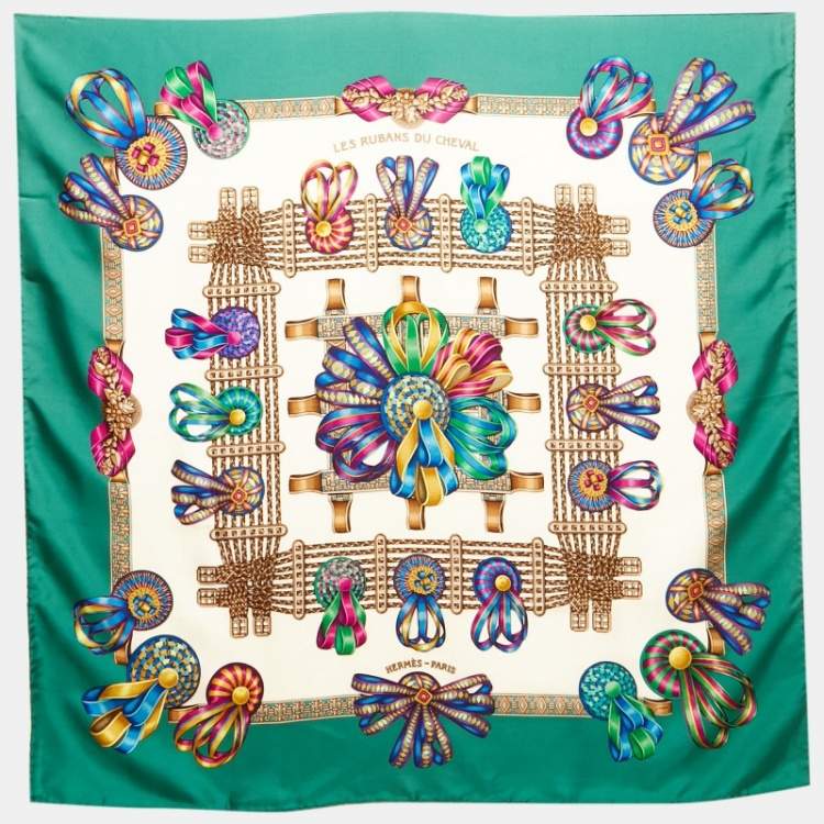 Pre Owned Hermes Green Les Rubans du Cheval Silk Scarf