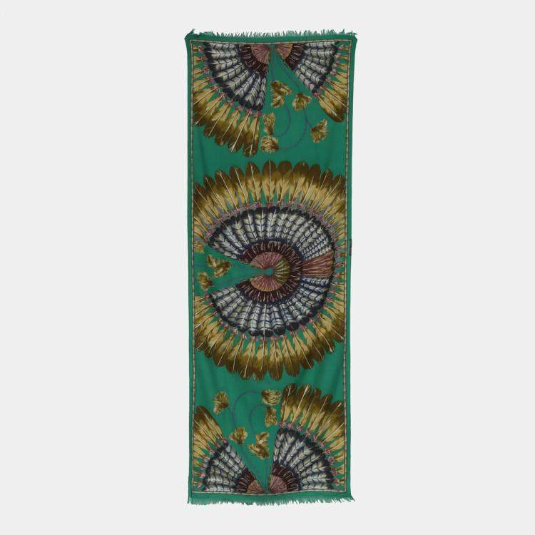 Pre Owned Hermes Brown/Green Silk Fringe Scarf