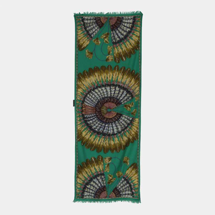 Pre Owned Hermes Brown/Green Silk Fringe Scarf