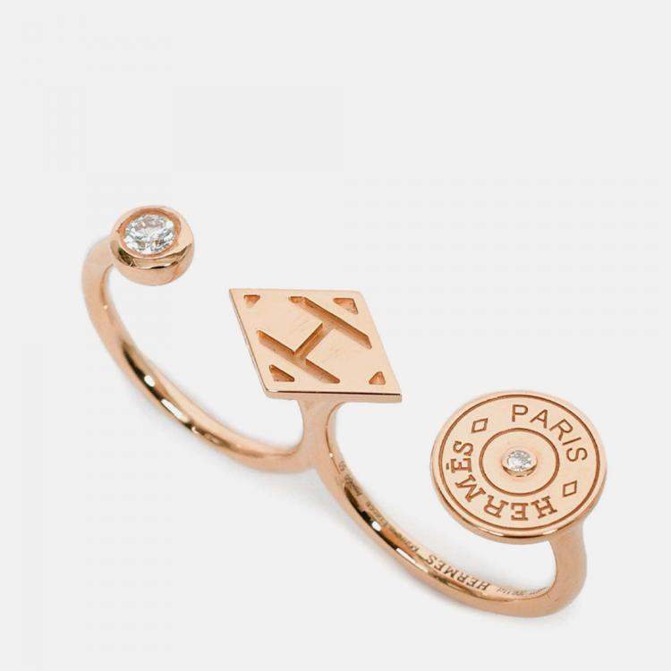 Pre Owned Hermes 18K Rose Gold Diamond 'Gambade' Double Ring Size 50
