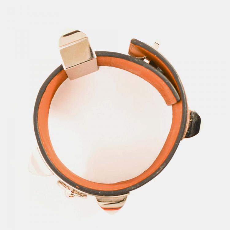 Pre Owned Hermes Black Leather Collier De Chien Bracelet PHW Size 3