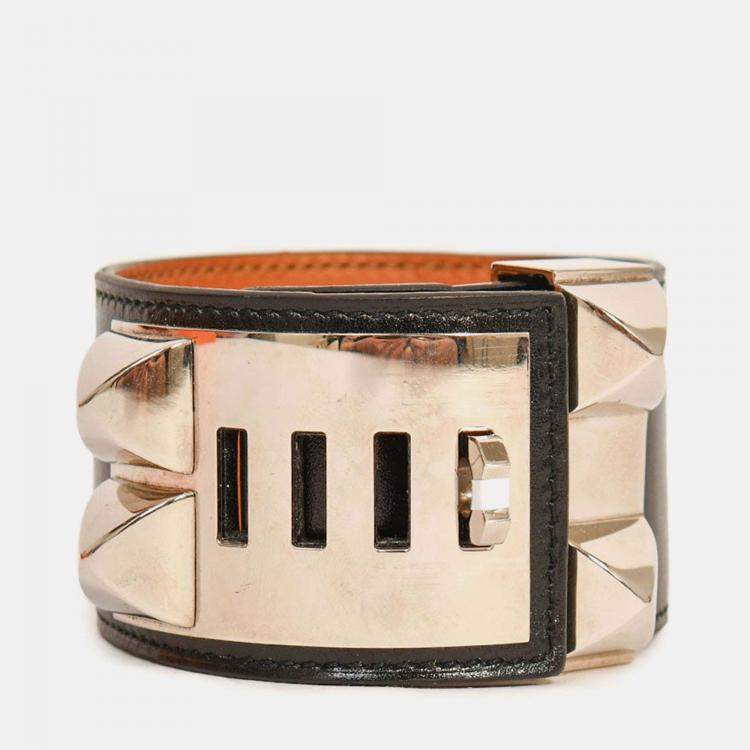 Pre Owned Hermes Black Leather Collier De Chien Bracelet PHW Size 3