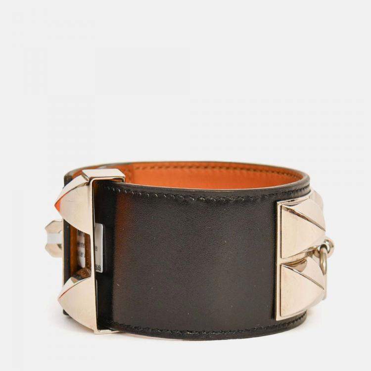 Pre Owned Hermes Black Leather Collier De Chien Bracelet PHW Size 3