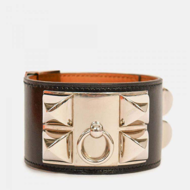 Pre Owned Hermes Black Leather Collier De Chien Bracelet PHW Size 3