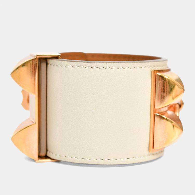 مملوكة مسبقًا Hermes 2015 White Leather Gold Tone 'Collier de Chien' Bracelet