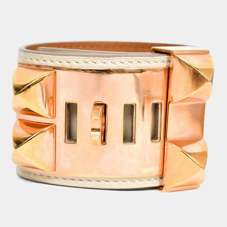 مملوكة مسبقًا Hermes 2015 White Leather Gold Tone 'Collier de Chien' Bracelet