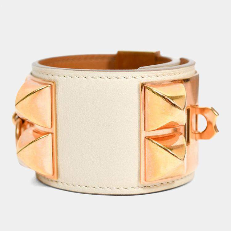 مملوكة مسبقًا Hermes 2015 White Leather Gold Tone 'Collier de Chien' Bracelet
