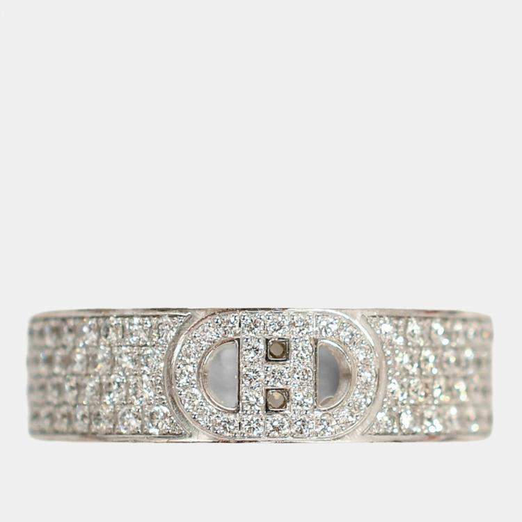 Pre Owned Hermes 18K White Gold Diamond Small H d'Ancre Ring Size 54