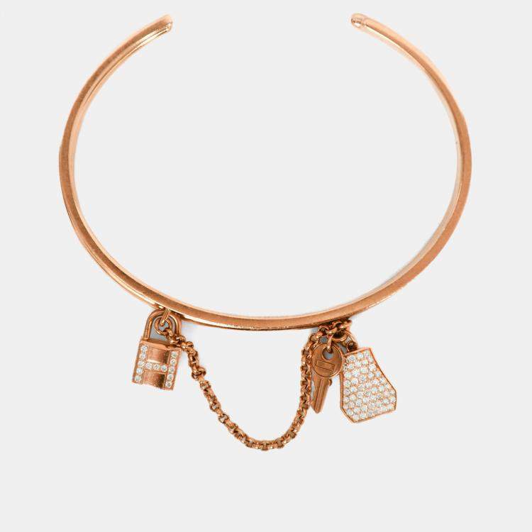 Pre Owned Hermes 18K Rose Gold Diamonds Kelly Cadenas Double Bracelet Small Model