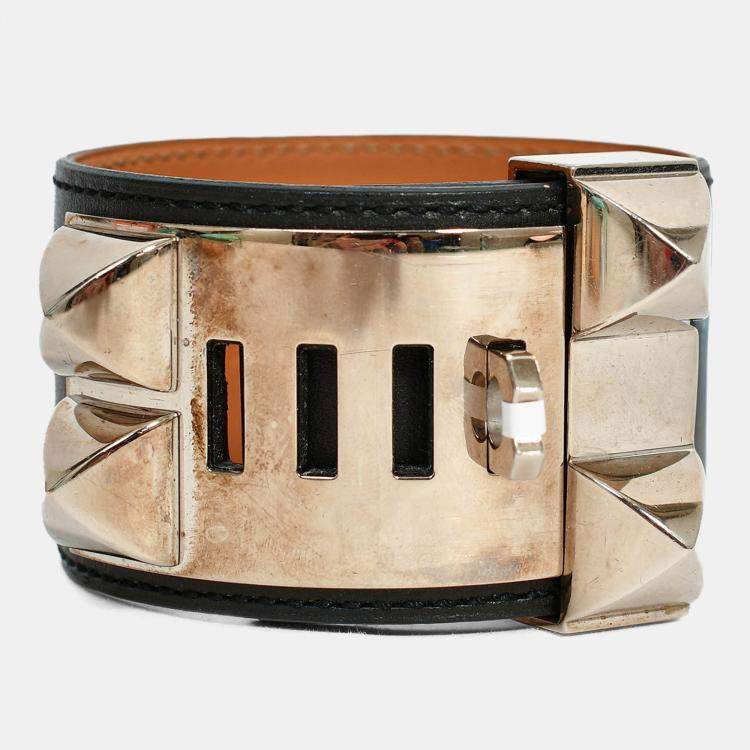 Pre Owned Hermes 2014 Black Leather Silver Collier de Chien Bracelet