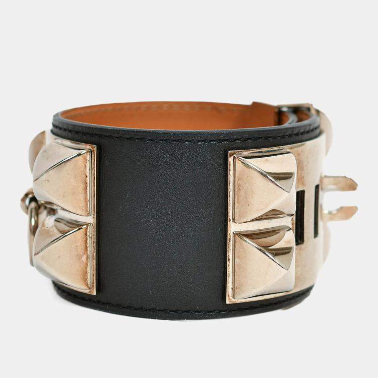 Pre Owned Hermes 2014 Black Leather Silver Collier de Chien Bracelet