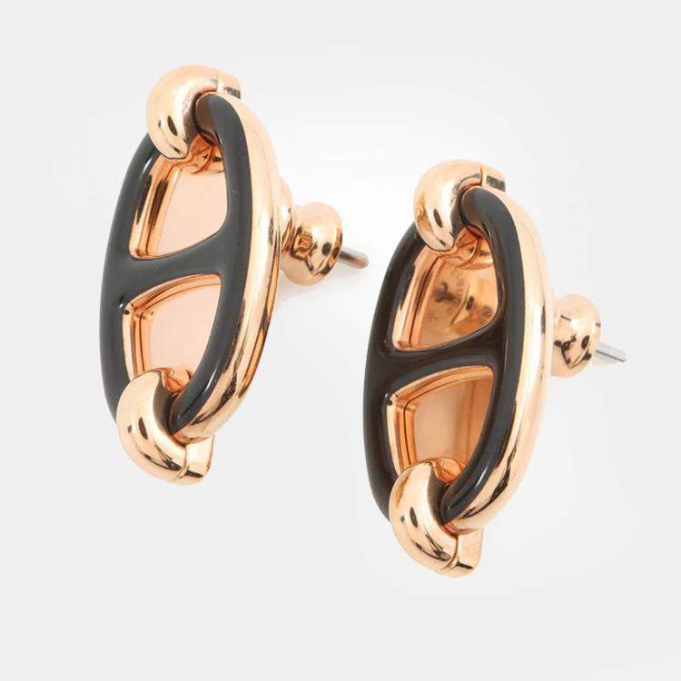 Pre Owned Hermes Earrings Mini Maillon Black Metal Enamel