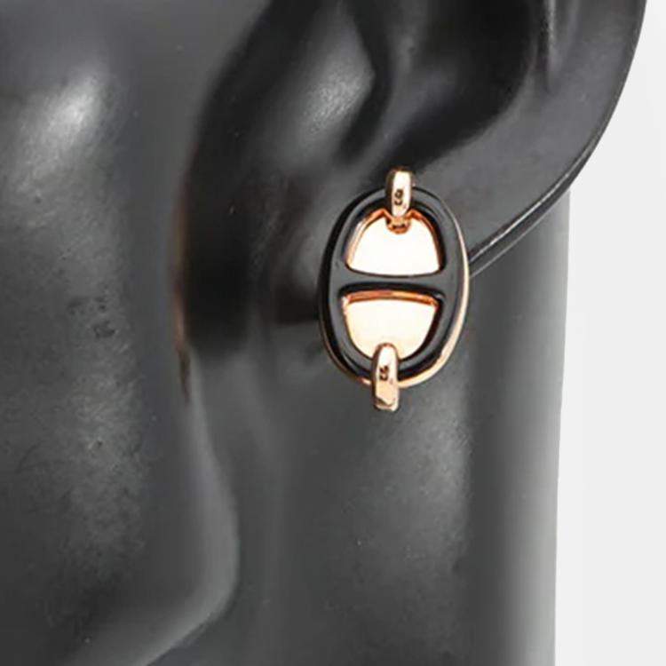 Pre Owned Hermes Earrings Mini Maillon Black Metal Enamel