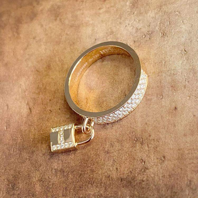 Pre Owned Hermes Clochette Lock Ring 18K Rose Gold Diamond Set Size 55