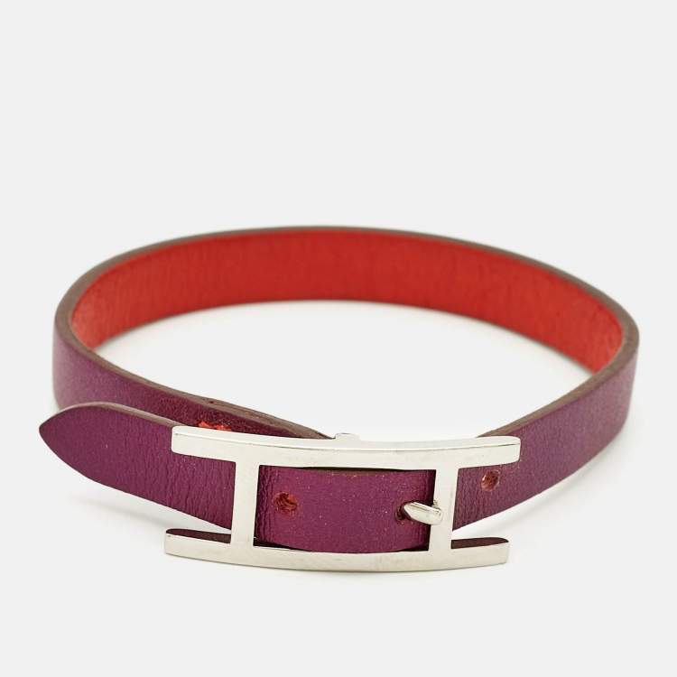 Pre Owned Hermès Behapi Orange/Purple Leather Palladium Finish Reversible Bracelet M