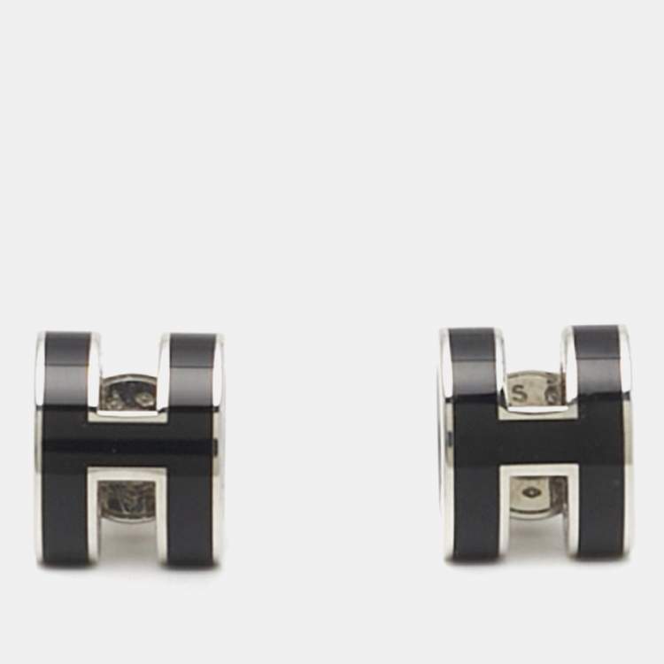 Pre Owned Hermes Mini Pop H Enamel Palladium Plated Earrings