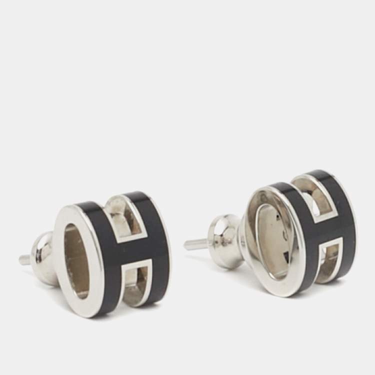 Pre Owned Hermes Mini Pop H Enamel Palladium Plated Earrings