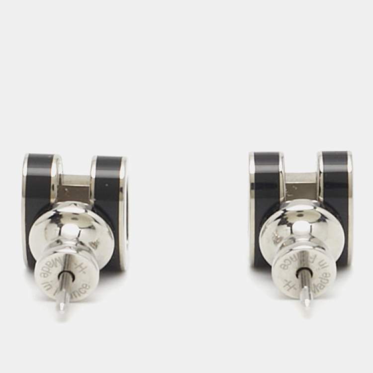 Pre Owned Hermes Mini Pop H Enamel Palladium Plated Earrings