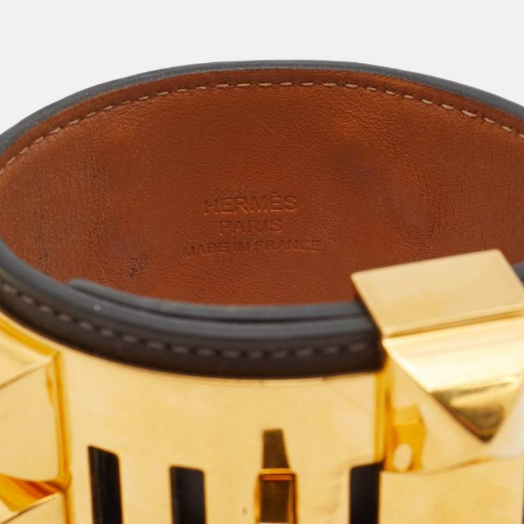 Pre Owned Hermès Collier De Chien Leather Gold Plated Cuff Bracelet