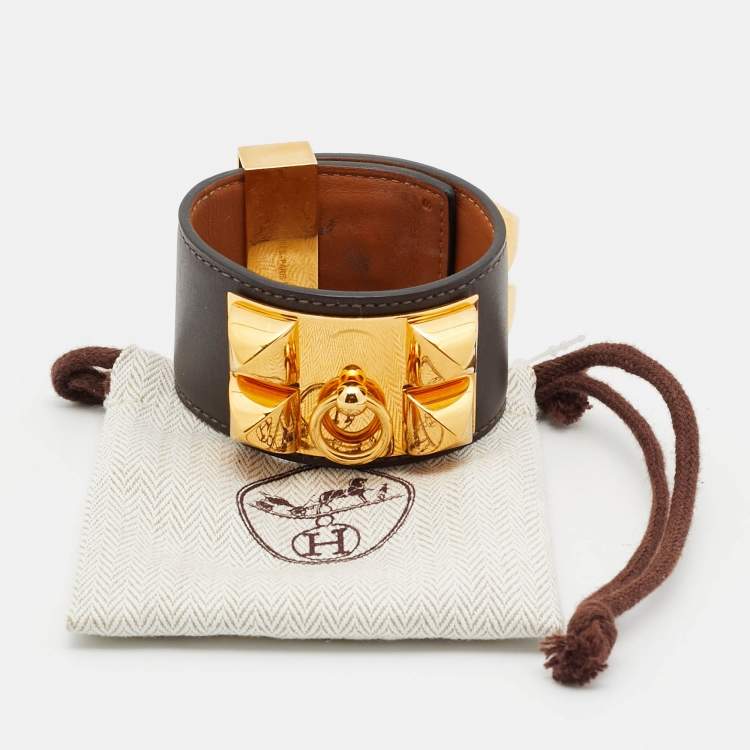Pre Owned Hermès Collier De Chien Leather Gold Plated Cuff Bracelet