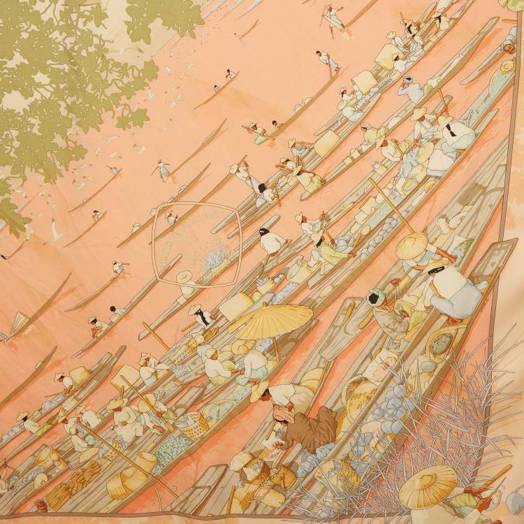 Pre Owned Hermès Vintage Pink Marché Flottant Du Lac Inlé Silk scarf 