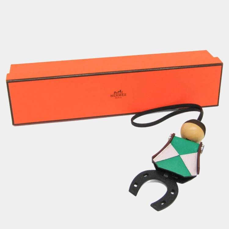 Pre Owned Hermes Barenia Leather Chevre Myzore Leather Handbag Charm Brown Green Light Pink Jockey Charm