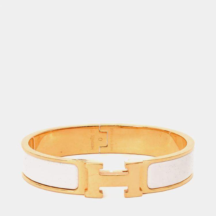 مملوكة مسبقًا Hermes Gold Tone White Ceramic Clic Clac H Thin Bracelet