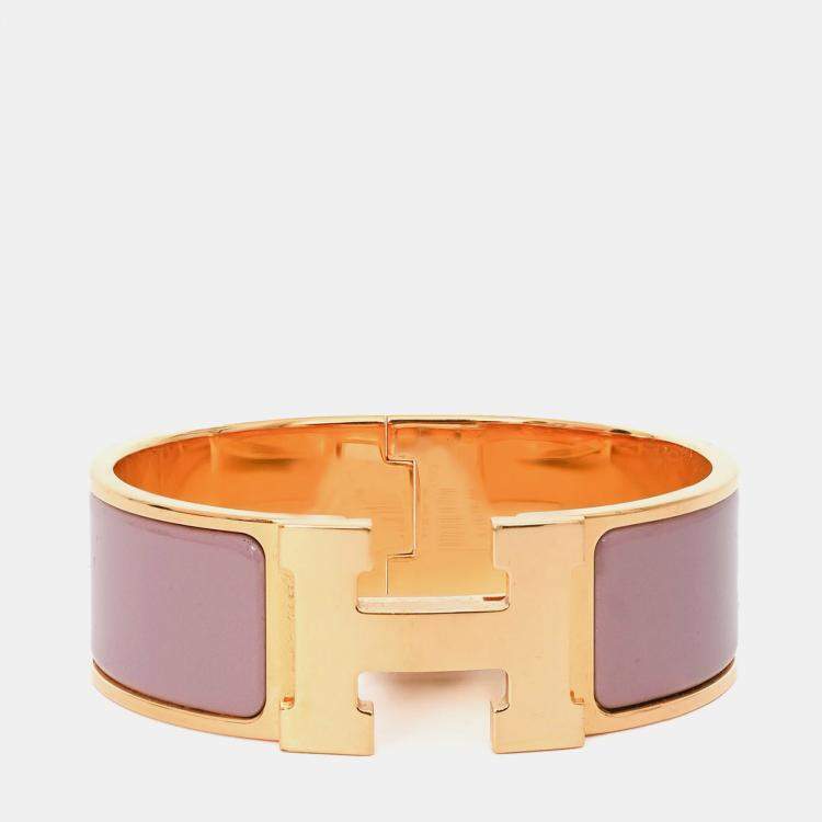 Pre Owned Hermes Gold Tone Pink Ceramic Clic Clac H GM Bracelet