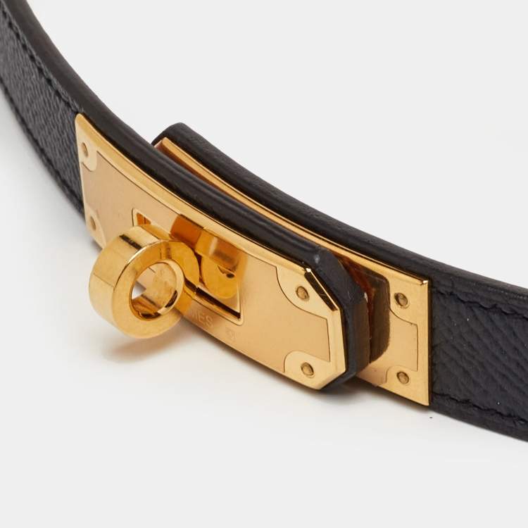 Pre Owned Hermès Kelly 18 Gold Finish Adjustable Belt Black Epsom Leather