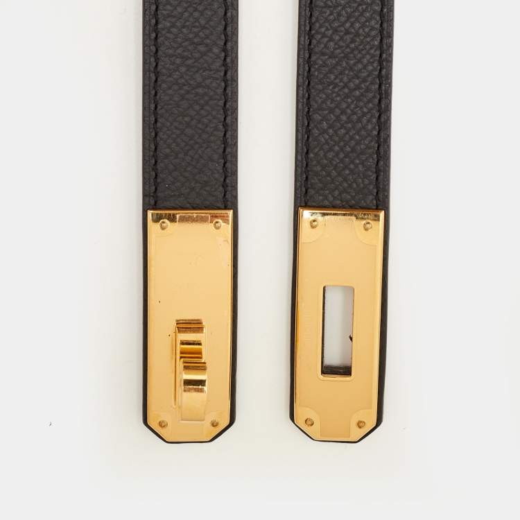 Pre Owned Hermès Kelly 18 Gold Finish Adjustable Belt Black Epsom Leather