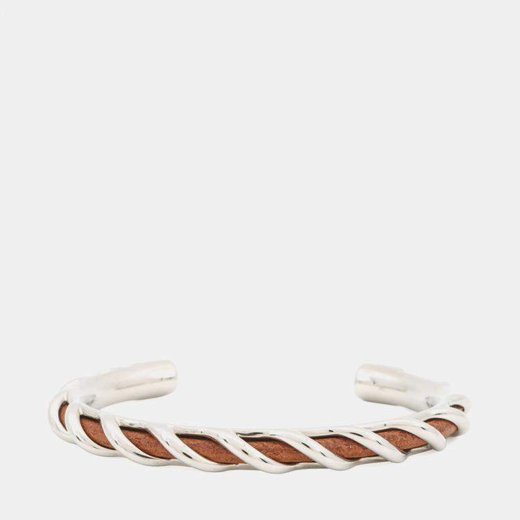 Pre Owned Hermes Torsade Open Bangle Size T4 Brown Metal Leather