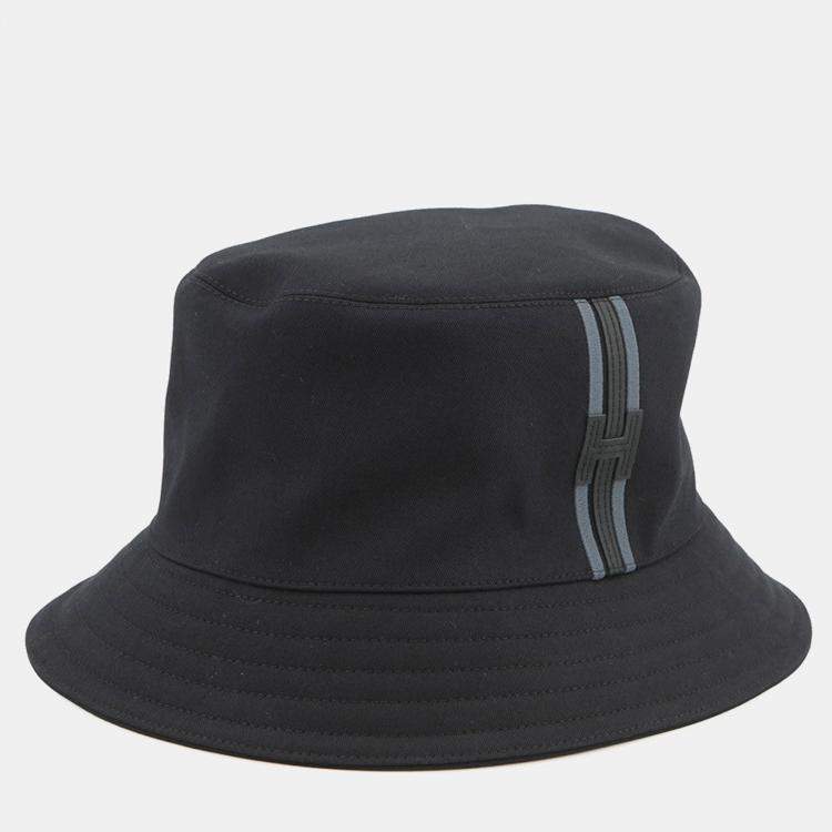Pre Owned Hermes Hat Fred H Stripe Size 59 Black Cotton100%