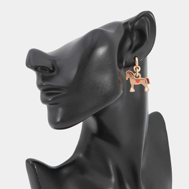 Pre Owned Hermes Cheval Grand Palade Earrings Pink Gold Metal Lacquer