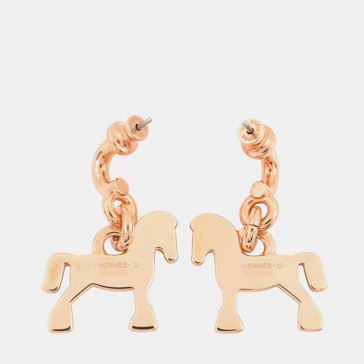 Pre Owned Hermes Cheval Grand Palade Earrings Pink Gold Metal Lacquer
