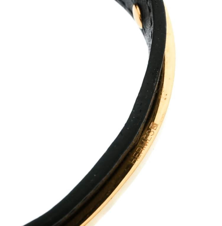 Pre Owned Hermes Black Leather Gold Plated Open Cuff Bracelet