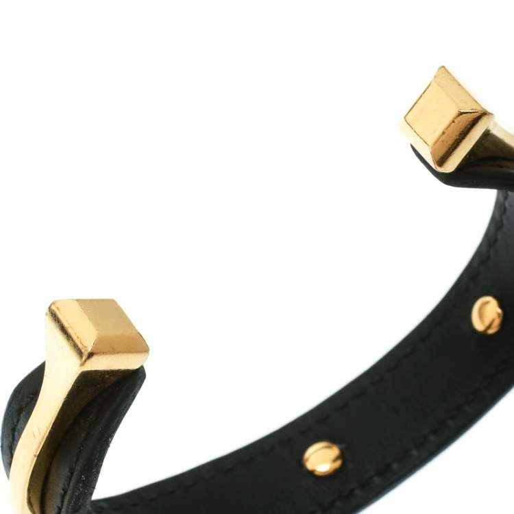 Pre Owned Hermes Black Leather Gold Plated Open Cuff Bracelet