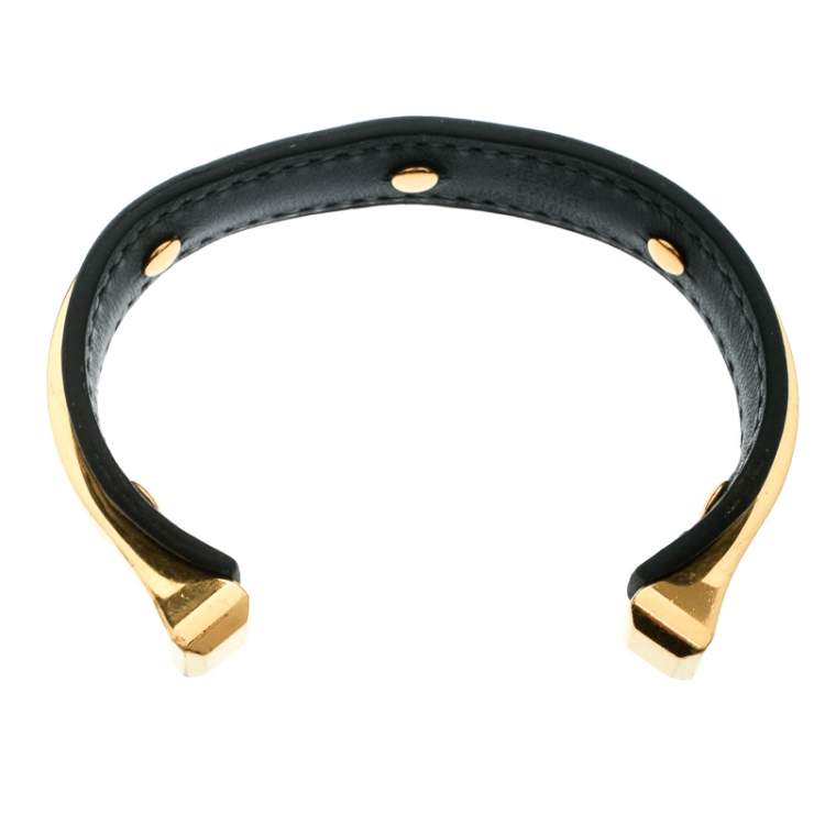 Pre Owned Hermes Black Leather Gold Plated Open Cuff Bracelet